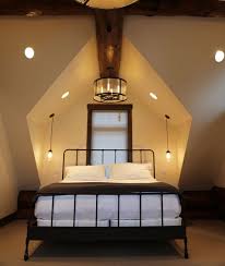 Maybe you would like to learn more about one of these? Farmhouse Style Metal Bed Framed By Pentagon Shaped Alcove Log Accents In Ceiling And Along Base Of Wall Home Builders Home Home Remodeling