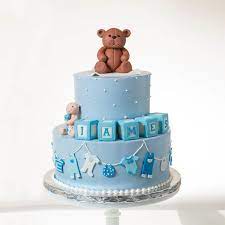 Baby Shower Cake With Baby Block And Teddy Bear And Clothes Line Blue Lace Cakes Kuchen Fur Babyparty Partykuchen Babyparty Cupcakes