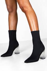 Black Boots With Clear Heel Clear Heel Sock Boots Boohoo In 2020 Clear Heel Boots Socks And Heels Clear Heel Shoes