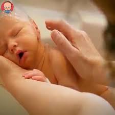 Newborn baby in first hairwash