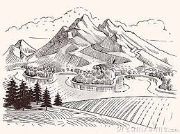 Paysage de planète extraterrestre avec volcan, rivière, étoiles et lunes dans le ciel. Paysage De Montagne De Dessin Au Crayon Illustration De Vecteur De Montagnes Et De Sapins De Cr Dessin Paysage Noir Et Blanc Croquis De Paysage Dessin Montagne
