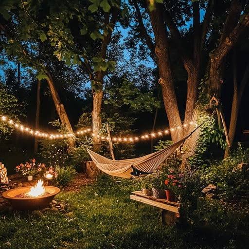 Free Cozy evening outdoors Image - Backyard, Hammock, String Lights |  Download at StockCake