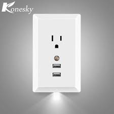 Smart Ac Socket Wall Outlet With Led Night Light And 2 Usb Ports Built In Light Sensor Support Led Night Light Light Switches And Sockets Bathroom Night Light