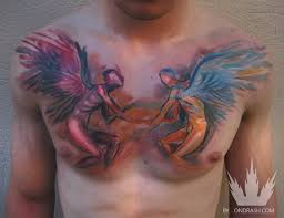 Abstract Colored Ink Angel Tattoo On Man Chest Picture Tattoos Watercolor Tattoo Tattoo Artists