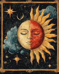 Creation of Sun Moon and Stars Depicted in Vibrant Celestial Dance during  Night Transitioning Dawn Stock Photo