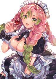alternate costume apron big breasts boob window braided hair  chocolate cleavage cleavage cutout clothing demon slayer female female only  frills green eyes kanroji mitsuri kimetsu no yaiba long hair