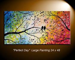 Bird On Tree Branch Painting Large Abstract Love Birds In Tree Painting Modern Abstract Romance Rainbow Colors Silhouette 24x48 By Jmichael Art Painting Tree Art Bird Art