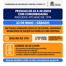 Apresentar atestado/laudo médico descritivo da doença ou atestado médico indicando a necessidade da vacina por conta da condição de saúde elegível. Jacarei Imuniza Pessoas De 45 A 49 Anos Com Comorbidades No Sabado 22 Prefeitura Municipal De Jacarei