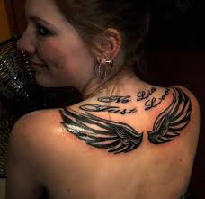 Photo list of back tattoos on different people, including a variety of ink designs and art. Wing Quotes For Tattoos Quotesgram