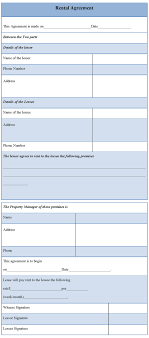 Standard Editable Rental Agreement Template Sample With Blue White Table Form And Fil Rental Agreement Templates Lease Agreement Free Printable Lease Agreement