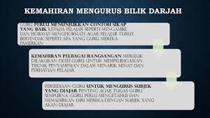 Pengurusan bilik darjah sebagai kemahiran guru berdasarkan masa, ruang, sumber, pembelajaran, peranan dan tingkah laku murid dalam menyediakan suatu iklim yang sesuai untuk pembelajaran. Pengurusan Bilik Darjah
