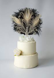 1920's art deco patterns, delicate fringing and gold details topped off with black feathers. Feather Cake Topper Gatsby 1920s Wedding Black Ivory Cake Etsy