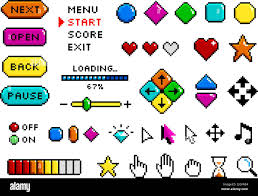 Pulsante di gioco pixel. collezione grafica a 8 bit per giochi, interfaccia  grafica. Elementi di gioco, app video per simboli di gioco. Menu inizio  livelli colore ordinato Immagine e Vettoriale - Alamy