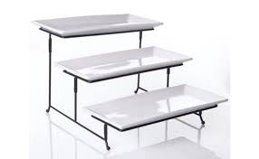 3 tier dessert plate rack. Amazon Com Partito Bella 3 Tier Swiveling Plate Rack Stand Including Three 12x6 Pro Grade Porcelain Platters For Presentations Of Any Kind Thicker Sturdier Collapsible Stand And Stackable Platters Kitchen Dining