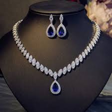 Glam Duchess Style Teardrop Royal Blue Crystals Necklace Earrings Set Blue Crystal Necklace Diamond Jewelry Necklace Diamond Necklace Set