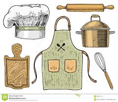 Apron Or Pinaphora And Hood Rolling Pin And Saucepan Or Corolla Wooden Board Chef And Kitchen Utensils Cooking Stuff Sto Kitchen Drawing Apron Wooden Board