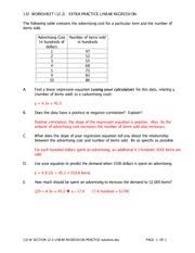 Regression analysis in a linear regression model, a dependent variable is predicted by an all of the output for a given model is organized on a single worksheet, which includes a bitmapped. 132 W Section 12 2 Linear Regression Practice Solutions 132 Worksheet 12 2 Extra Practice Linear Regression The Following Table Contains The Course Hero