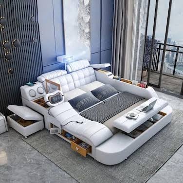 Buy Smart Bed with Projector, Wireless Charging, Bluetooth Speaker, Stool, Small Dressing Table, Safe Box, Side Cabinet and Massage for Back and Neck King Size Smart Bed Frame - White Online |