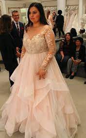 Ball Gown Long Sleeves Plus Sizes Wedding Dress Blush Wedding Gown With Tiered Skirt By Misdaisystyl Blush Wedding Gown Wedding Dresses Blush Plus Size Wedding