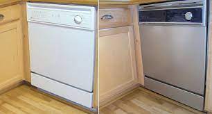 Painting our brown countertops with rustoleum appliance epoxy for a white, shiny, and sturdy kitchen counter makeover! Dishwasher Makeover With Stainless Steel Paint Decoist Stainless Steel Paint Painting Appliances White Appliances
