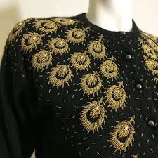Black And Gold Cardigan Peacock Co Black And Gold Beaded Peacock Feather Cashmere Sweater Circa 1950s Gold Cardigan Cashmere Sweaters Black Cashmere Cardigan