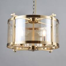 4 Lights Drum Chandelier Colonial Style Clear Glass Pendant Light With Candle In Brass For Hotel Beautifulhalo Com