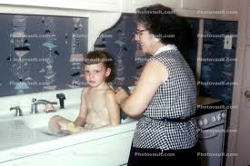 1950s housewife, bath, frown, smiles