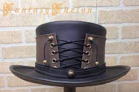 Steampunk Hat Victorian Corset Gothic Leather Top Hat 2 Tones Etsy Leather Top Hat Gothic Corset Steampunk Hat