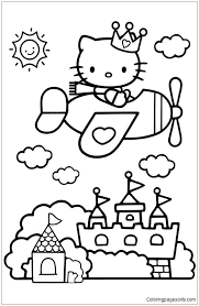 A coloring page of hello kitty flying in an airplane, with her friend the teddy bear. Pin On First Birthday