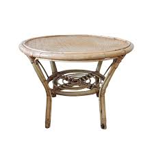 Round coffee table made from rattan is sensitive and can become moldy or skewed if exposed to bad weather. Vintage Cane Rattan Round Side Table 1970s 106059