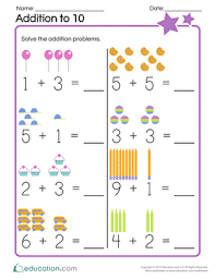 Addition To 10 Worksheet Education Com Kindergarten Addition Worksheets Addition Worksheets Kids Math Worksheets