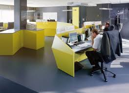 Office Interior Designs With Color Block Theme Yellow Desk Grey Floor Black Wall Wide Window Corporate Office Design Office Interiors Office Furniture Design