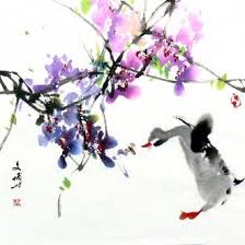 武文博小品斗方国画写意花鸟画紫藤鸭子5 chinese painting asian art ink painting
