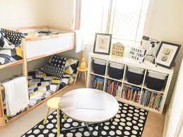 Shared Boys Geometrical Bedroom Combination Of Ikea And Kmart Styling Monochrome Yellow Theme Ikea Shared Kids Room Kids Shared Bedroom Storage Kids Room
