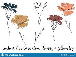 Illustration About Carnation Flower One Line Contour Drawing With Silhouettes Vector Illustration Of Backgr Line Art Flowers Contour Drawing Carnation Drawing