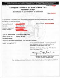 • certified copy of the executor's id. New York Letters Testamentary