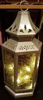 Silver Glitter Lantern With Fairy Lights And Moss About 16 In Centerpiece Lantern With Fairy Lights Fairy Lights Fairy Lights Wedding