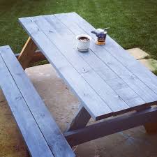 Color Stained Picnic Bench For Backyard Seating Sherwin Williams Sw 3143 Provence Blue Outdoor Picnic Tables Outdoor Wood Table Picnic Table Bench