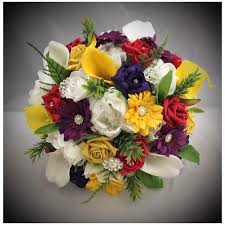This bouquet consist of red gerbera, eustoma and small flowers and greens. Bride Brooch Mixed Flower Red Yellow Purple Wedding Bouquet Peonie Gerbera