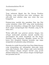 Pidato merupakan aktivitas berbicara seseorang dengan tujuan untuk menyampaikan suatu hal. Pidato Hut Pramuka