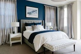 Glam Blue And Silver Gray Bedroom Blue Accent Walls Grey Upholstered Bed Blue Bedroom