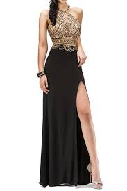 Ball Gown Black And Gold Prom Dresses Black And Gold Illusion Mesh Halter Top One Piece Long Prom Dresses Two Piece Gold Prom Dresses Prom Dresses