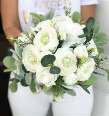 Real Touch Boho Rustic Ranunculus Roses Wedding Bouquet With Eucalyptus And Lam S Ear White Wedding Flowers Silk Wedding Bouquets Ranunculus Wedding Bouquet