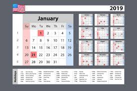 On a bank holiday, banks or financial institutions will remain closed to the public. Vector Simple Calendar 2019 One Year At A Glance Starts Monday With Public Holidays For The Usa Stock Vector Illustration Of Graphic July 122720632