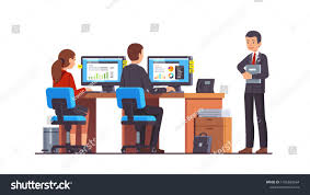 Supervisor Manager Or Boss Executive Holding Document Folder Watching At Two Analyst Employees Working At Their De Vector Character Image Vectorielle Vectoriel