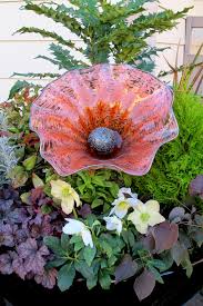 Container Planting With A Hand Blown Glass Salmon Flower Glass Garden Flowers Glass Garden Art Glass Plate Flowers