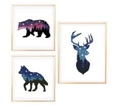 Starry Sky Cross Stitch Animal Silhouette Cross Stitch Pattern Landscape Cross Stitch Deer Lynx And Bear Cross Stitch Embroidery Sewing Needlecraft Kromasol Com