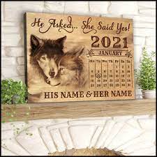 Custom Canvas Prints Personalized Gift For Anniversary He Asked She Said  Yes Loving Wolf Couple Calendar Wall Art Decor Ohcanvas - Oh Canvas