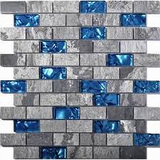 Gray with few blue glass quartz mosaic tile contemporary look to a project. Teal Blue Glass Backsplash Tiles Gray Marble 1 X 2 Subway Tile
