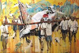 By Hung Lui The Trophy This Artwork Shows People All Working Together To Help Cary The Broken Plane Art Contemporary Art Art Pictures